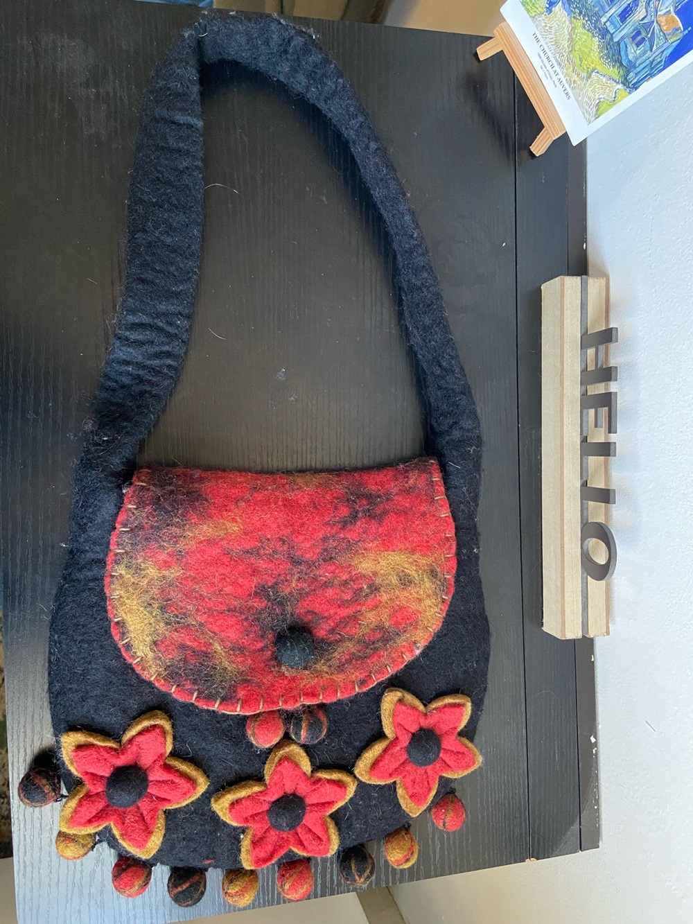 NWOT Rising Tide 100% felted wool floral shoulder bag with tassel pom poms